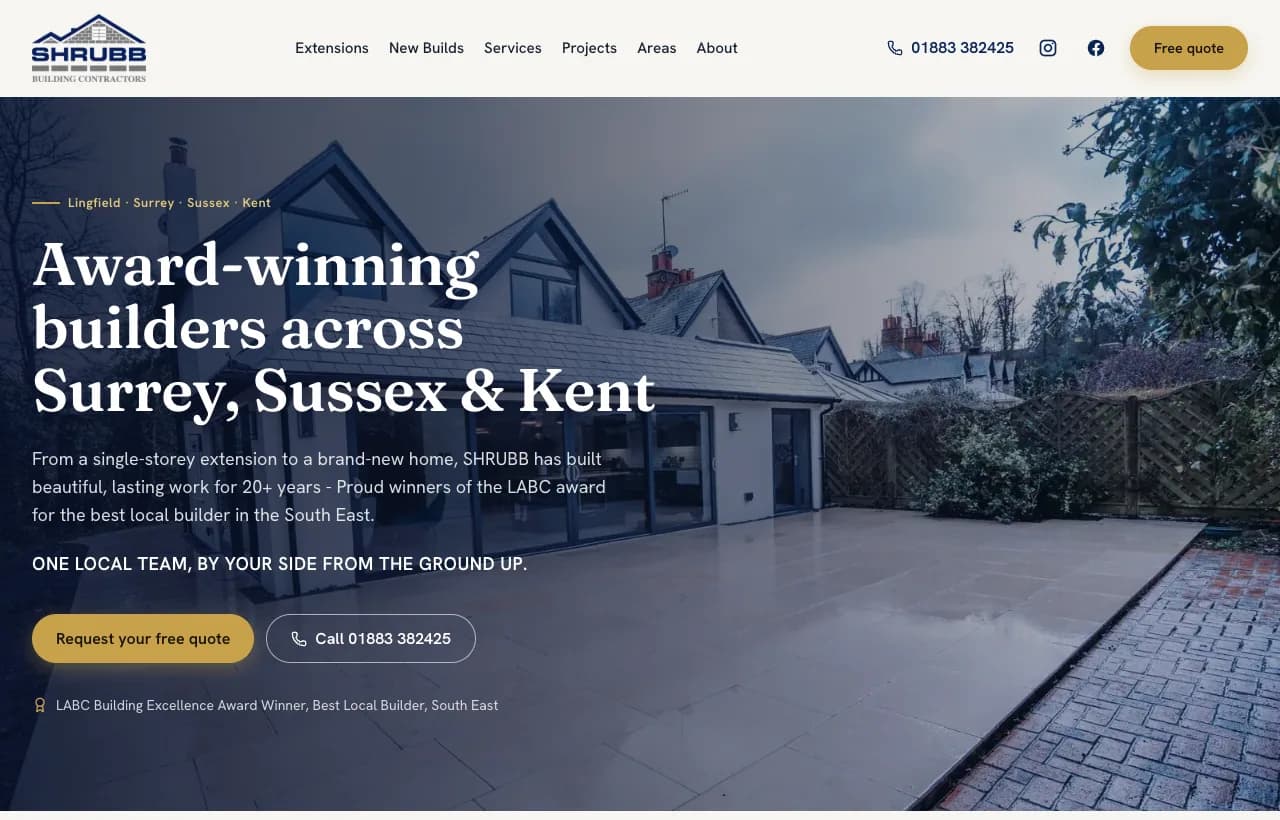 The live SHRUBB homepage at 1280 by 820: header with phone number and Free quote button, and a full-bleed project photo behind the headline and calls to action.