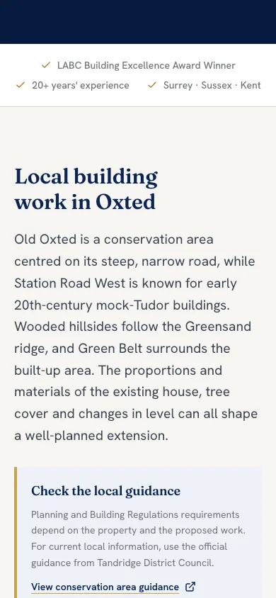 Oxted area page on a phone: 'Local building work in Oxted' describes the conservation area and Greensand ridge, above a panel linking to Tandridge District Council guidance.