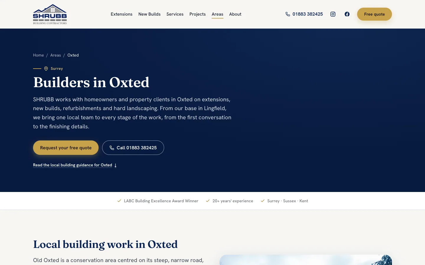 The Oxted area page hero on navy: breadcrumb, 'Builders in Oxted' heading, local intro text, quote and call buttons, and a link to local building guidance.