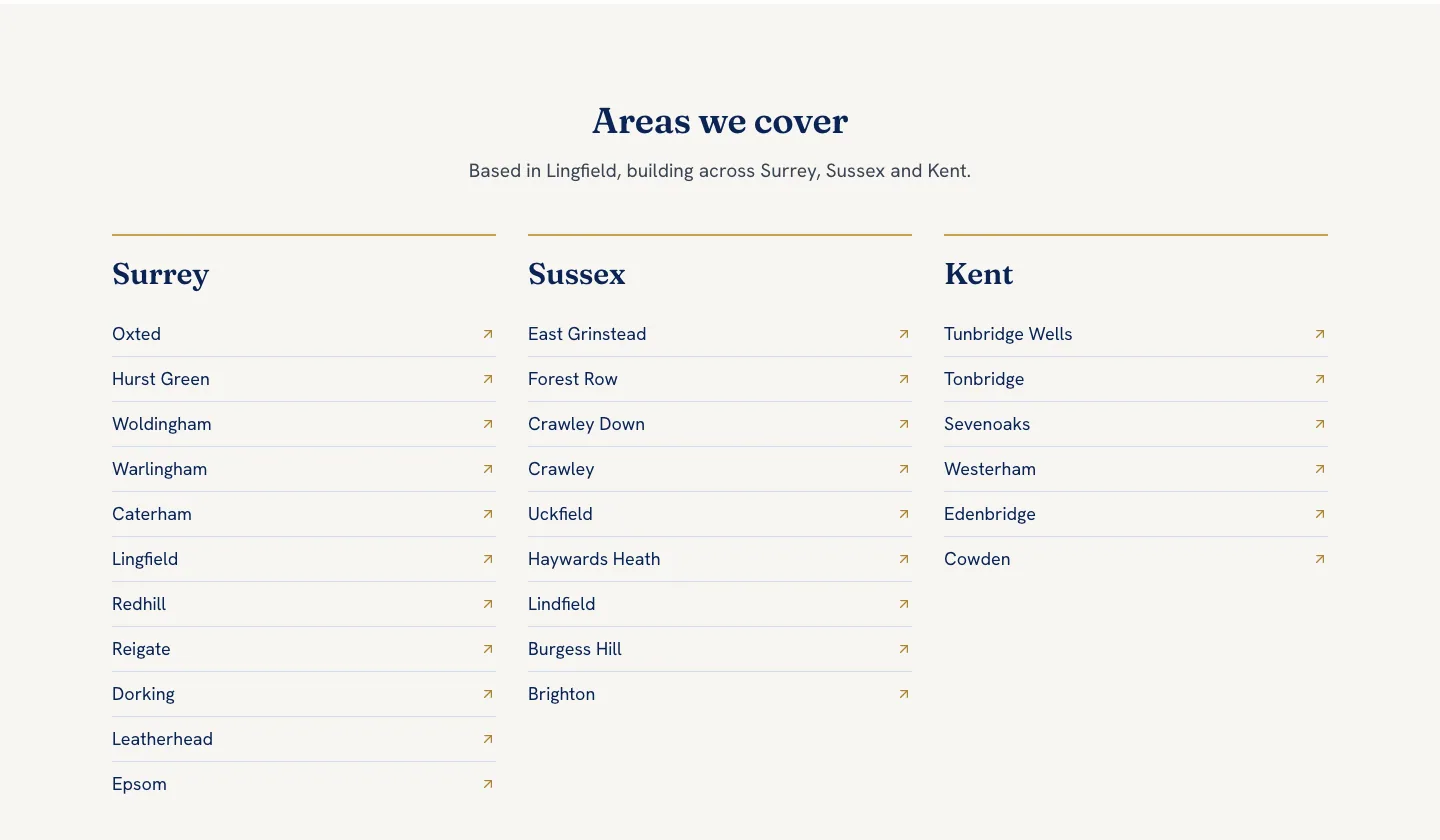 The 'Areas we cover' block listing 26 towns in three columns: Surrey, Sussex and Kent.