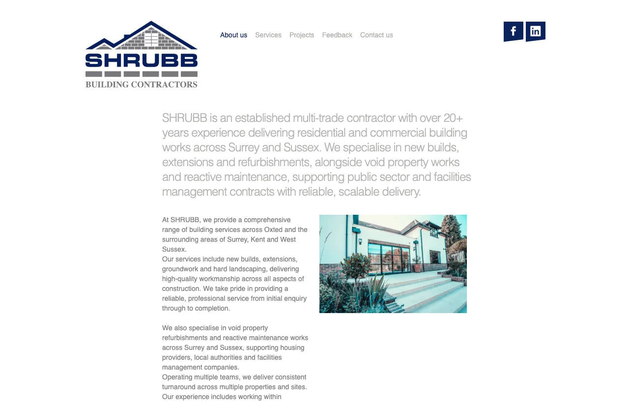 The old SHRUBB homepage at 1280 by 820: logo, a grey text menu, a long grey paragraph and one small tinted photo. No phone number or quote button.