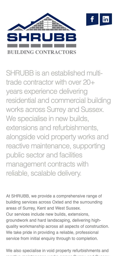 The old SHRUBB homepage on a phone: logo and social icons, then grey paragraphs. No menu, no phone number and no button on the first screen.