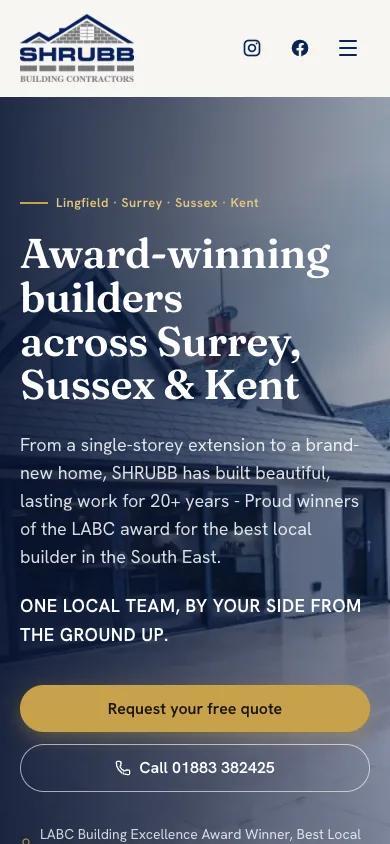 SHRUBB homepage on a phone with the menu button, full-width quote and call buttons, and the award line on the first screen.