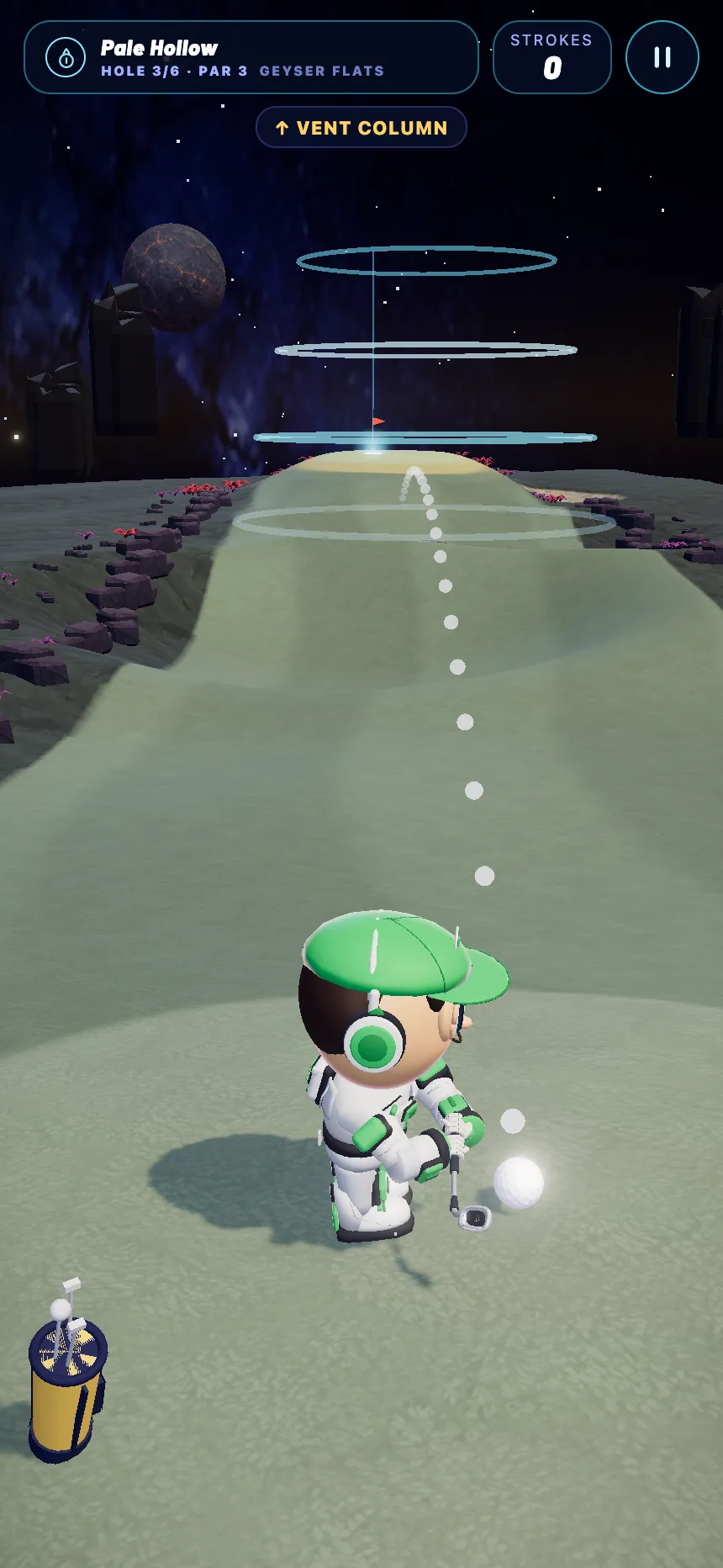 Geyser Flats hole 3 in the current build: the aim line runs up a pale fairway through a stack of glowing vent rings.