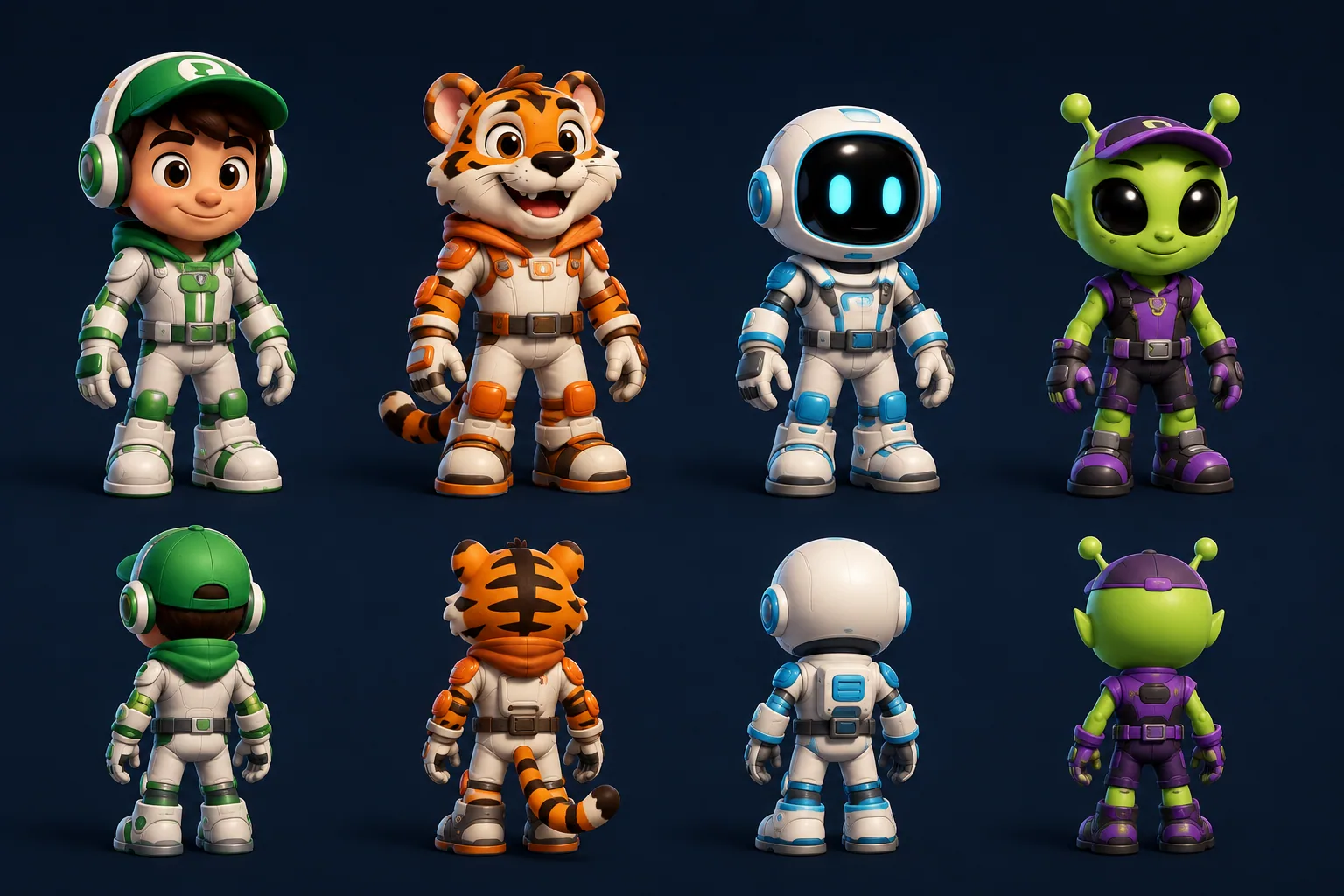 Generated concept art of the playable cast from the front and back: a golfer in a green cap and headphones, a tiger, a robot and a green alien, each in a white flight suit with their own accent colour.