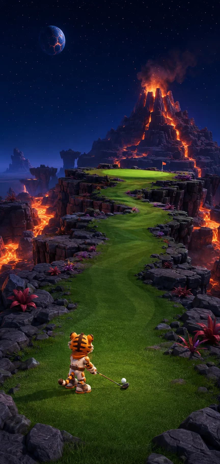 Generated concept art for Lava Links: a narrow green fairway climbing between lava rivers to an erupting volcano, with a tiger golfer on the tee.
