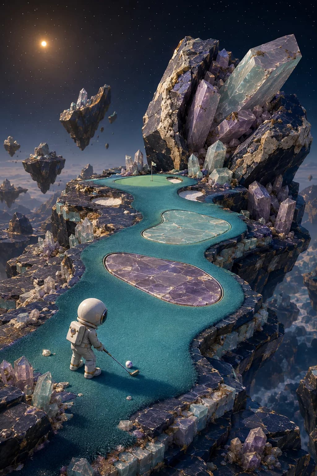 Generated concept art for a Prism Shelf world: a turquoise fairway with amethyst-coloured greens winding across floating crystal rock.