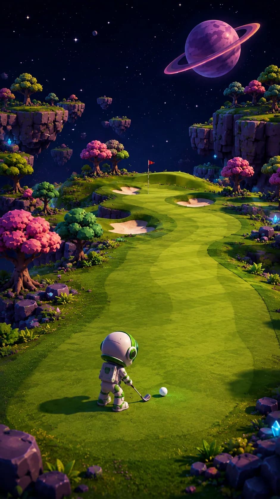 Generated concept art for Planet Puttasia: an astronaut golfer on a striped fairway that winds between floating islands, pink trees and a ringed purple planet.