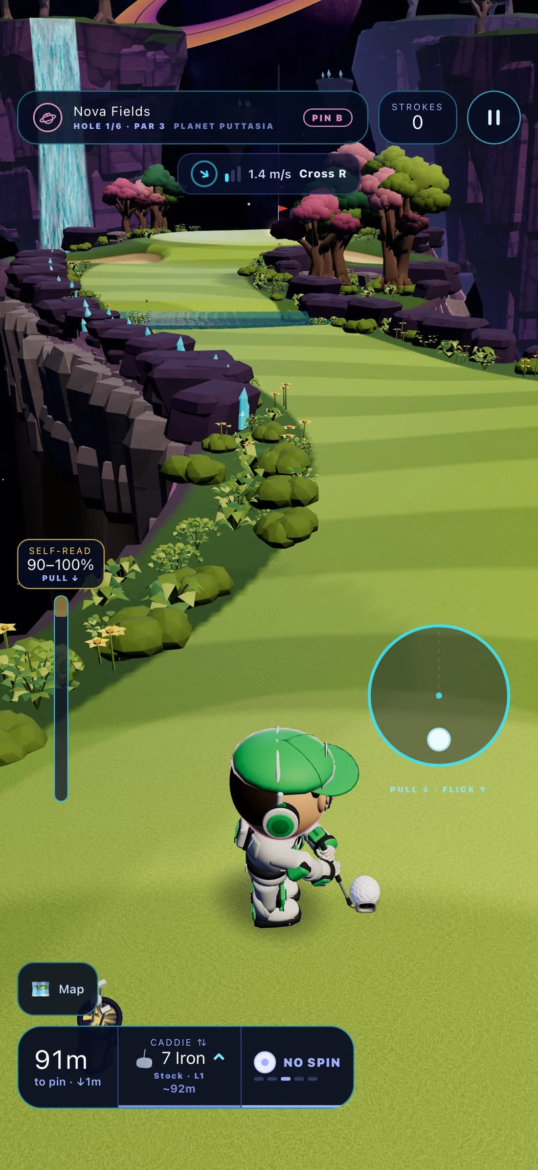 Planet Puttasia hole 1 captured on an iPhone: the golfer at address on a striped fairway beside a waterfall and a stone edge with crystal glints, with the hole card, wind, power gauge, swing pad and club bar.