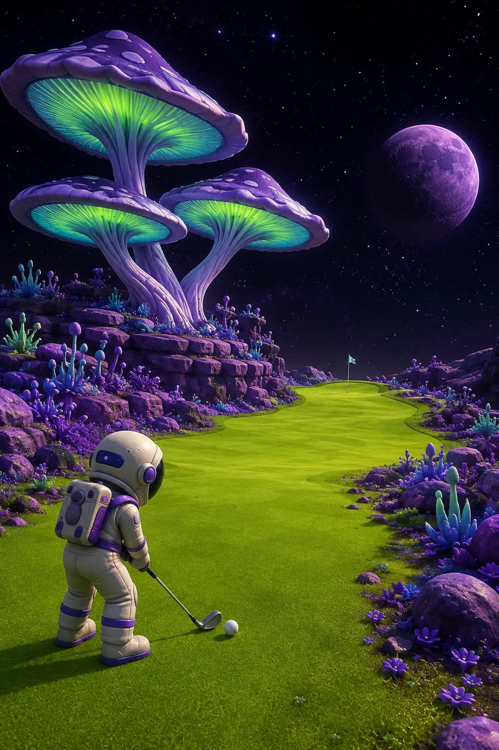 Generated concept art for a Zorp world: an astronaut golfer on a bright green fairway under giant glowing purple mushrooms and a purple moon.