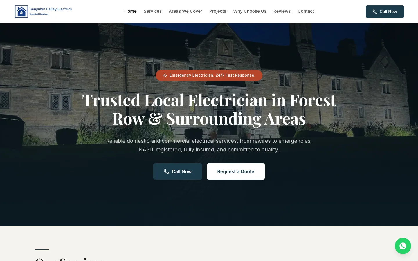 Benjamin Bailey Electrics homepage: 'Trusted Local Electrician in Forest Row & Surrounding Areas' over a night photo of uplighting on a stone building, with an emergency badge and Call Now and Request a Quote buttons.