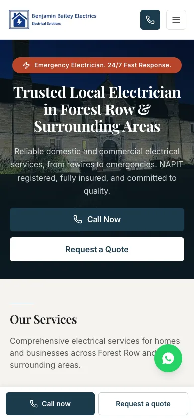 Homepage on a phone: emergency badge, headline, Call Now and Request a Quote buttons, a WhatsApp button and a sticky bar with Call now and Request a quote.