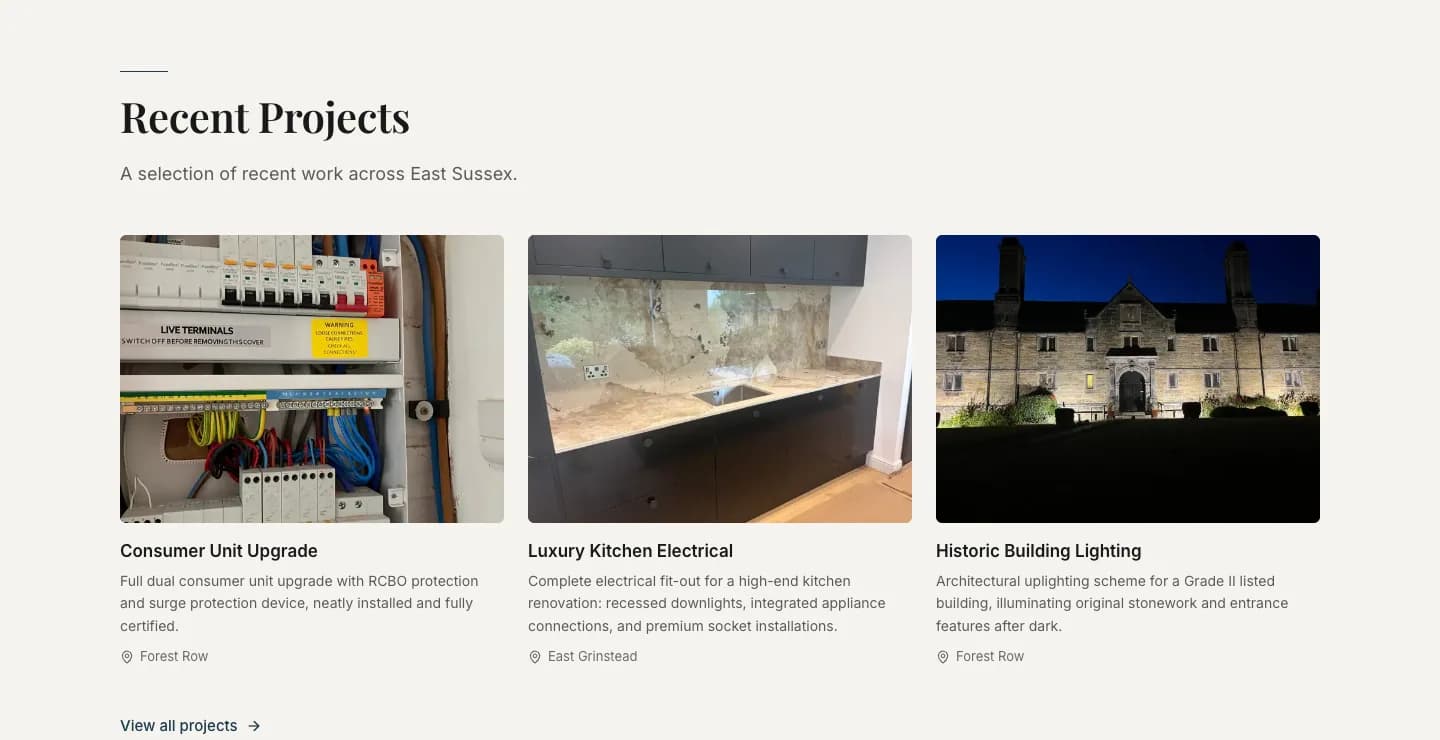 Recent Projects section with three real job photos: a consumer unit upgrade, a kitchen electrical fit-out and historic building lighting, each with a location.