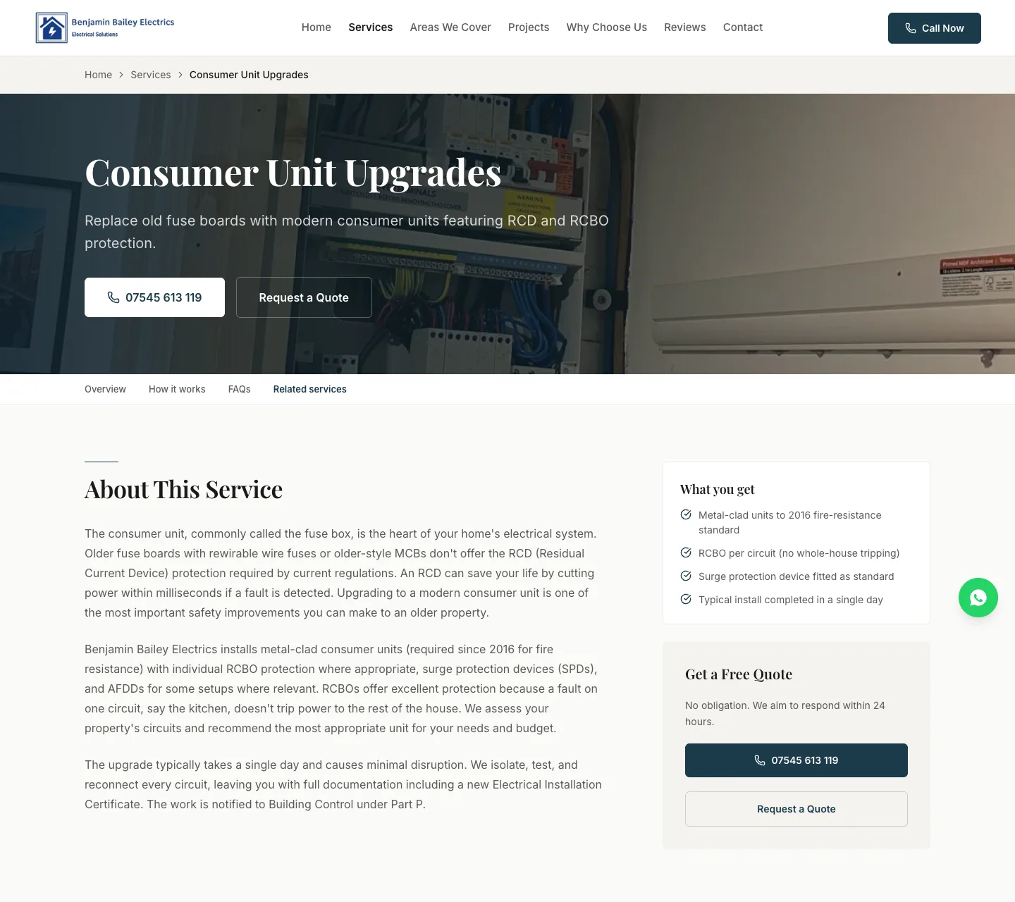 Consumer Unit Upgrades service page: breadcrumb, photo hero with phone and quote buttons, an 'On this page' bar, explanatory copy and a sidebar listing what the customer gets.