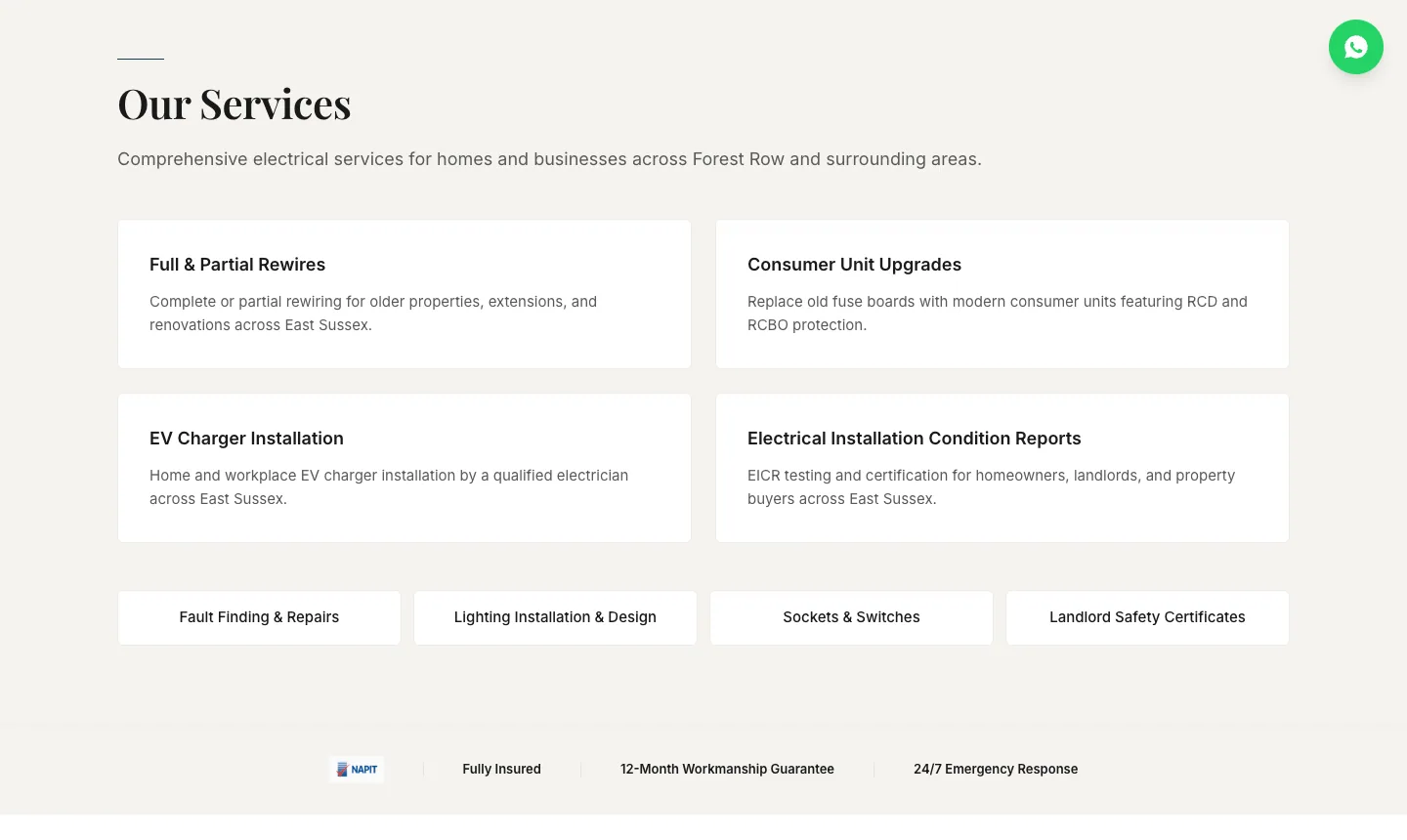 The Our Services section: four featured service cards for rewires, consumer units, EV chargers and EICRs, four compact links below, and a trust bar with the NAPIT logo, Fully Insured, 12-Month Workmanship Guarantee and 24/7 Emergency Response.