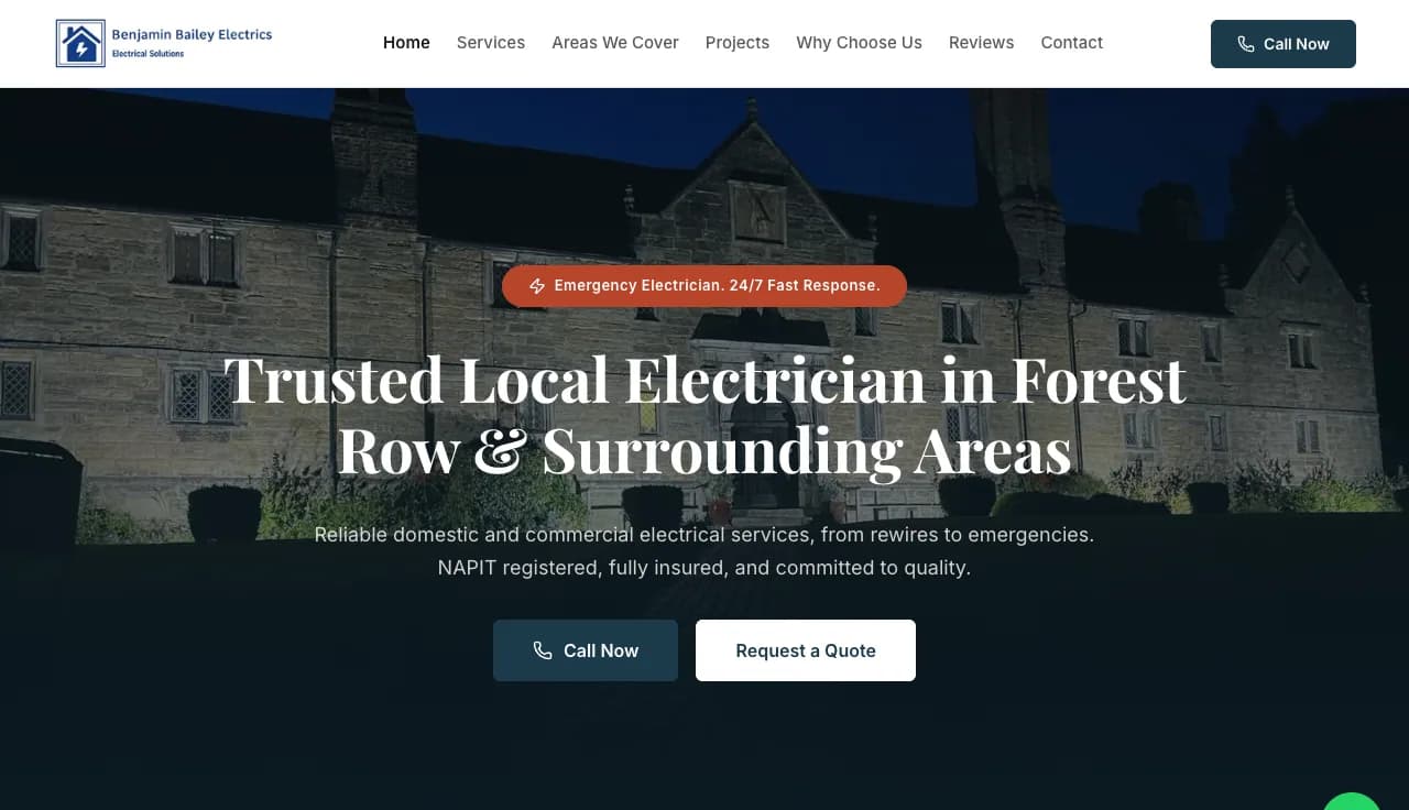 The shipped homepage at the same size: the headline over the client's own night photo of uplighting on a stone building, with a gradient overlay.