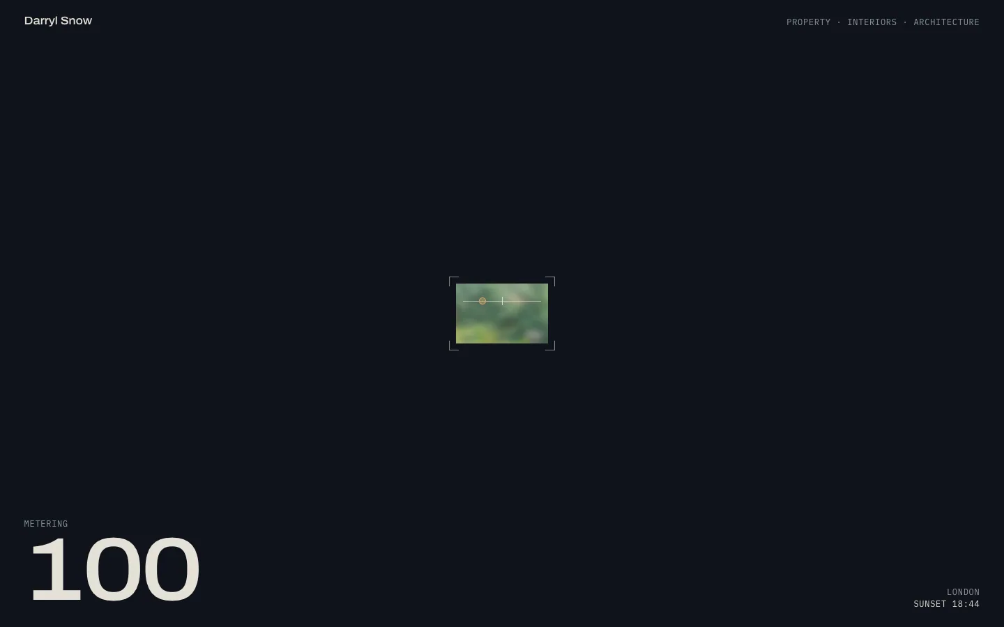 Aperture intro on dusk navy: a small blurred frame inside viewfinder brackets, a large 'Metering 100' counter and 'London, sunset 18:44' in mono.