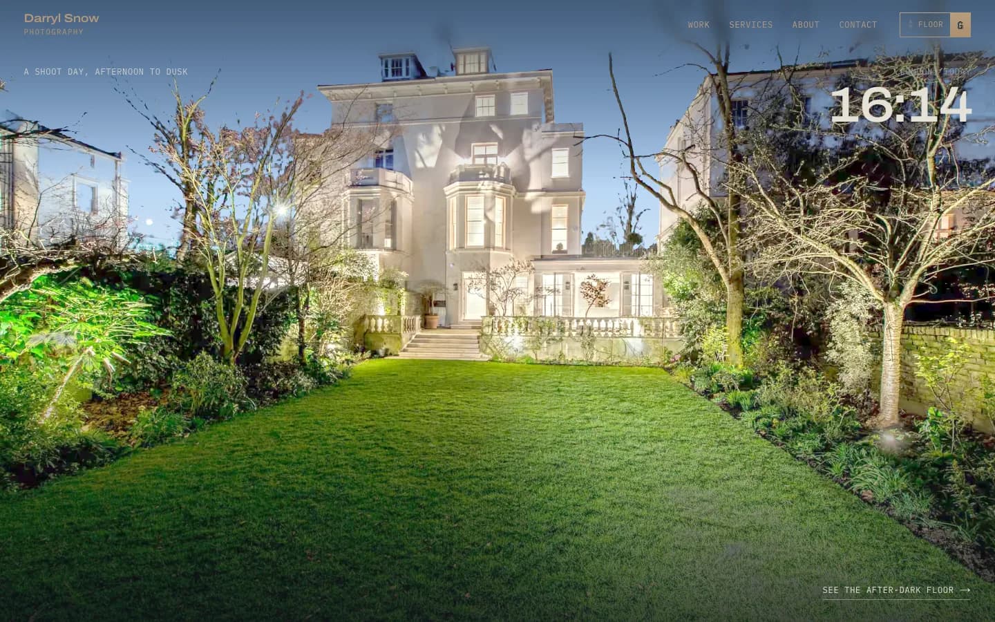 Day-to-night scene early in the scroll: a Georgian house and lawn in warm afternoon light with the clock at 16:14.