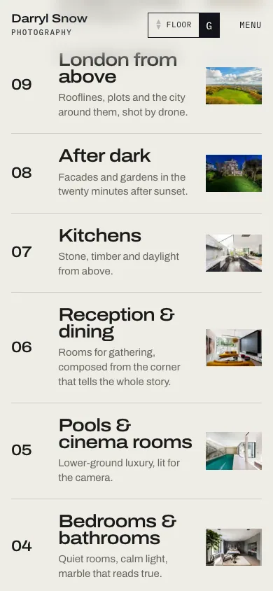 Mobile floor index listing floors 09 to 04 with titles, one-line descriptions and a small photo for each.