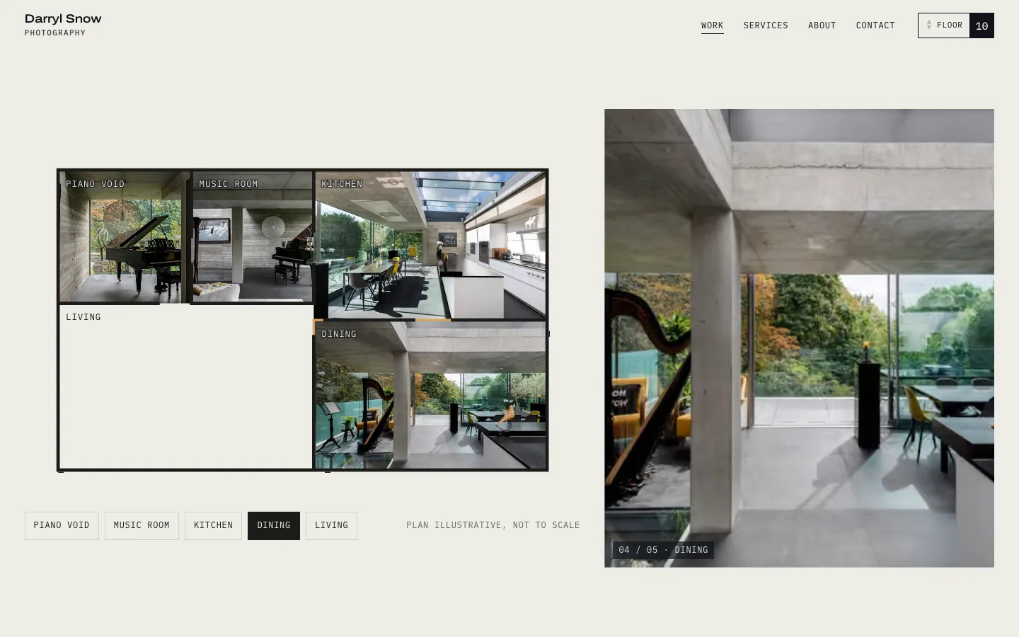 A floor plan of The Concrete House with four rooms filled by their photographs, room tabs below and a large dining room photo beside it.