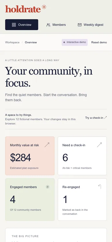 Demo overview at 390px with compact navigation and metrics in a two-by-two grid.