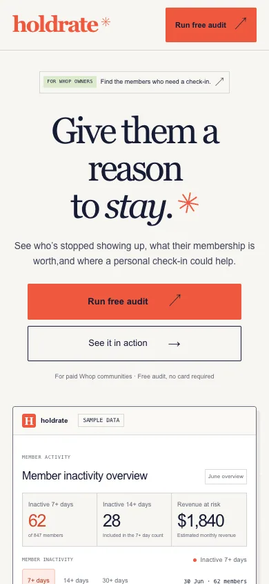 Holdrate landing page at 390px with the headline, stacked audit and demo buttons and the sample overview below.