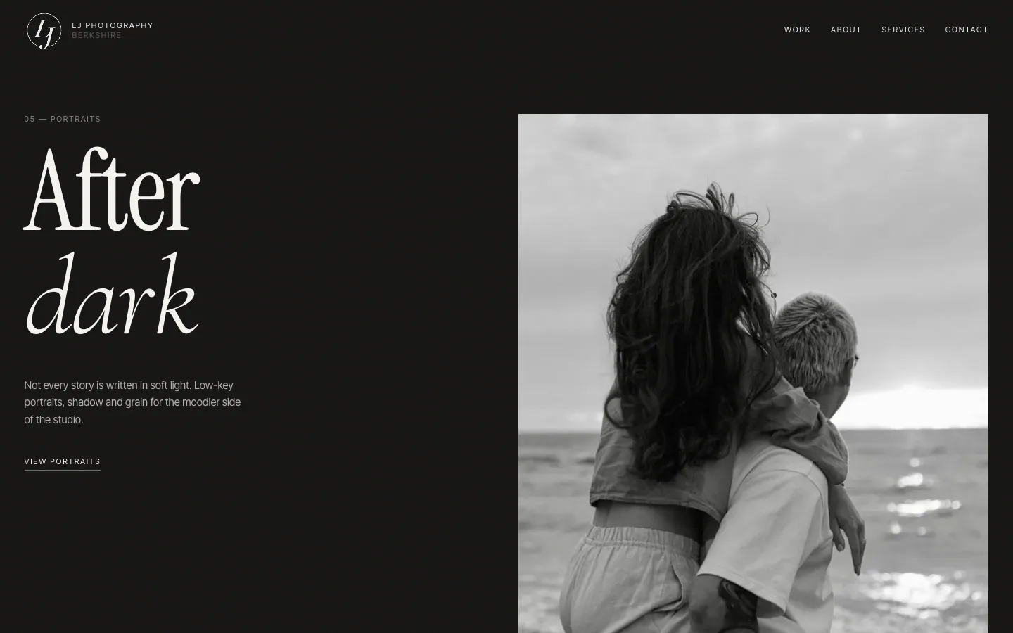 'After dark' section on an ink ground with a black-and-white portrait of a parent holding a child by the sea.
