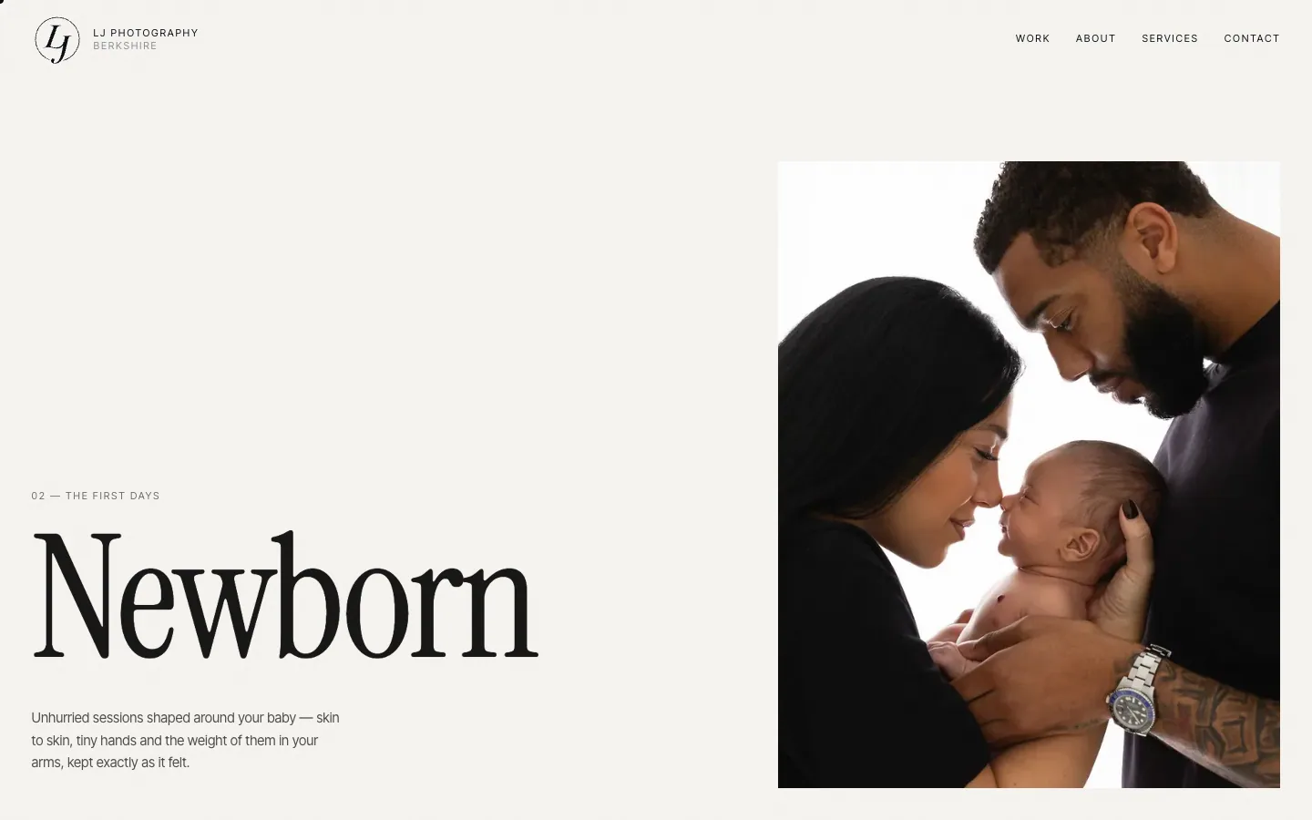 Newborn chapter page: the title 'Newborn' with a short introduction beside a portrait of parents holding their baby nose to nose.