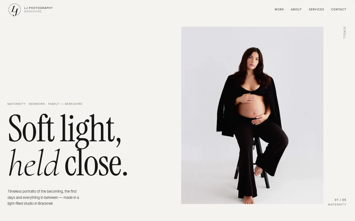 LJ Photography home page: the headline 'Soft light, held close.' with 'held' in italic, beside a studio maternity portrait on a pale grey backdrop.