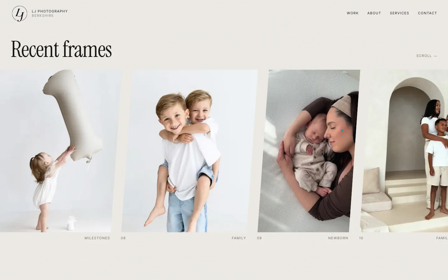 'Recent frames' filmstrip: a row of maternity, family and milestone portraits, slightly skewed mid-scroll.