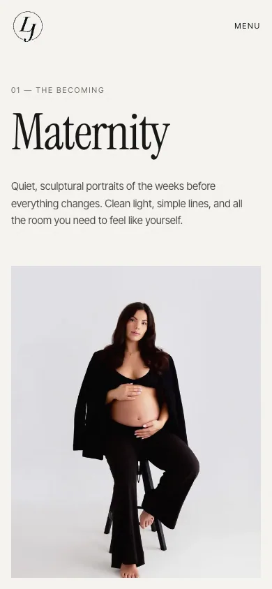 Mobile Maternity chapter: kicker '01 The becoming', the title 'Maternity', an introduction and a studio portrait.