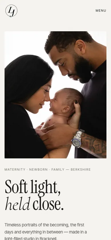 Mobile home page: a newborn portrait above the headline 'Soft light, held close.'
