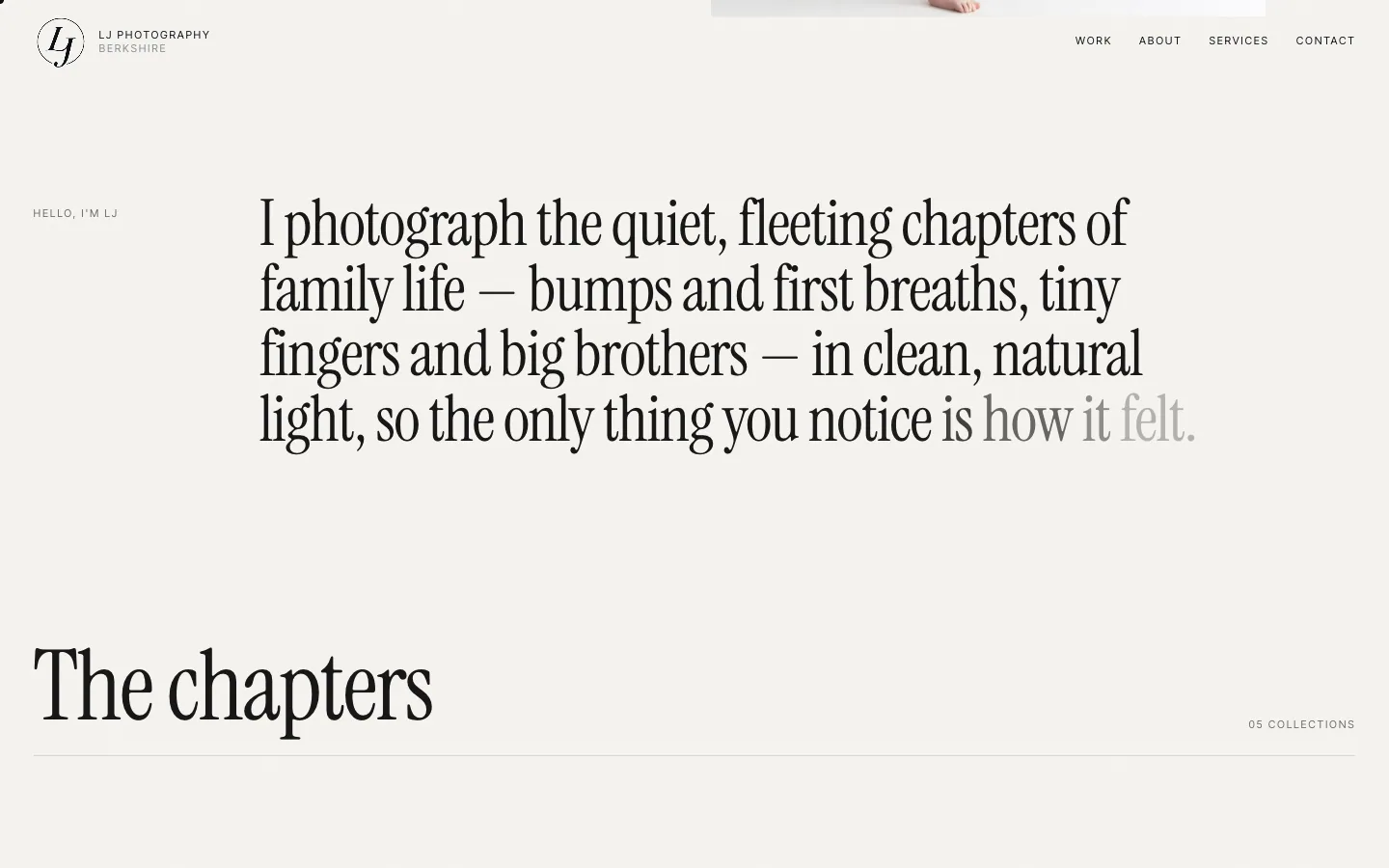 Statement section in a large serif: 'I photograph the quiet, fleeting chapters of family life', with the last words 'how it felt' in a lighter tone.