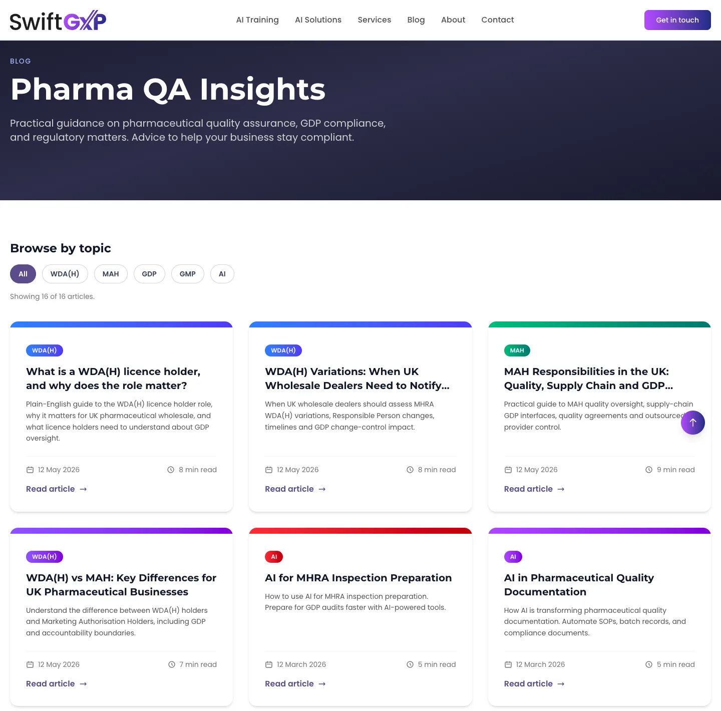 Pharma QA Insights blog index with topic filters for WDA(H), MAH, GDP, GMP and AI, showing 16 of 16 articles as cards with dates and reading times.