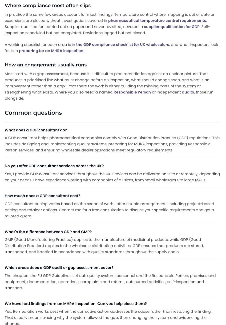 Long-form section of the GDP consultant page: where compliance most often slips, how an engagement runs, then six common questions, with inline links to related articles.