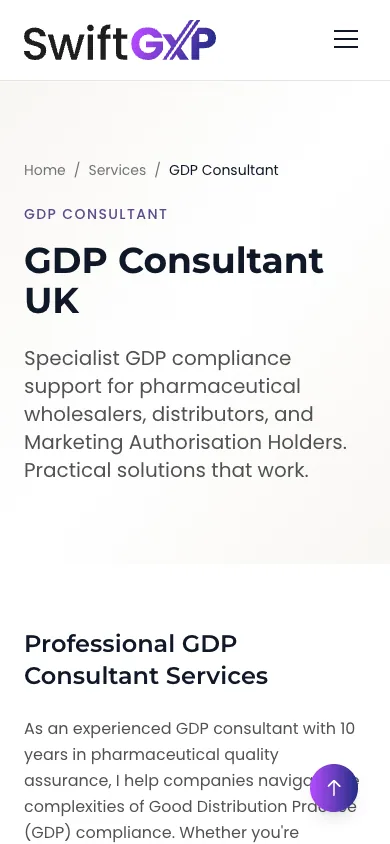 Mobile GDP consultant page with breadcrumb, headline and opening paragraph.