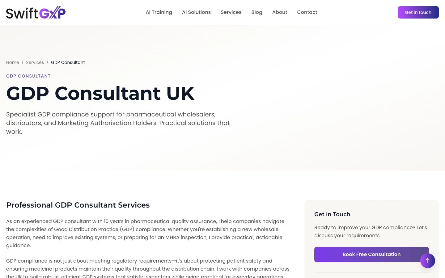 GDP Consultant UK service page with breadcrumb trail, eyebrow label, headline, summary and a Get in Touch panel.