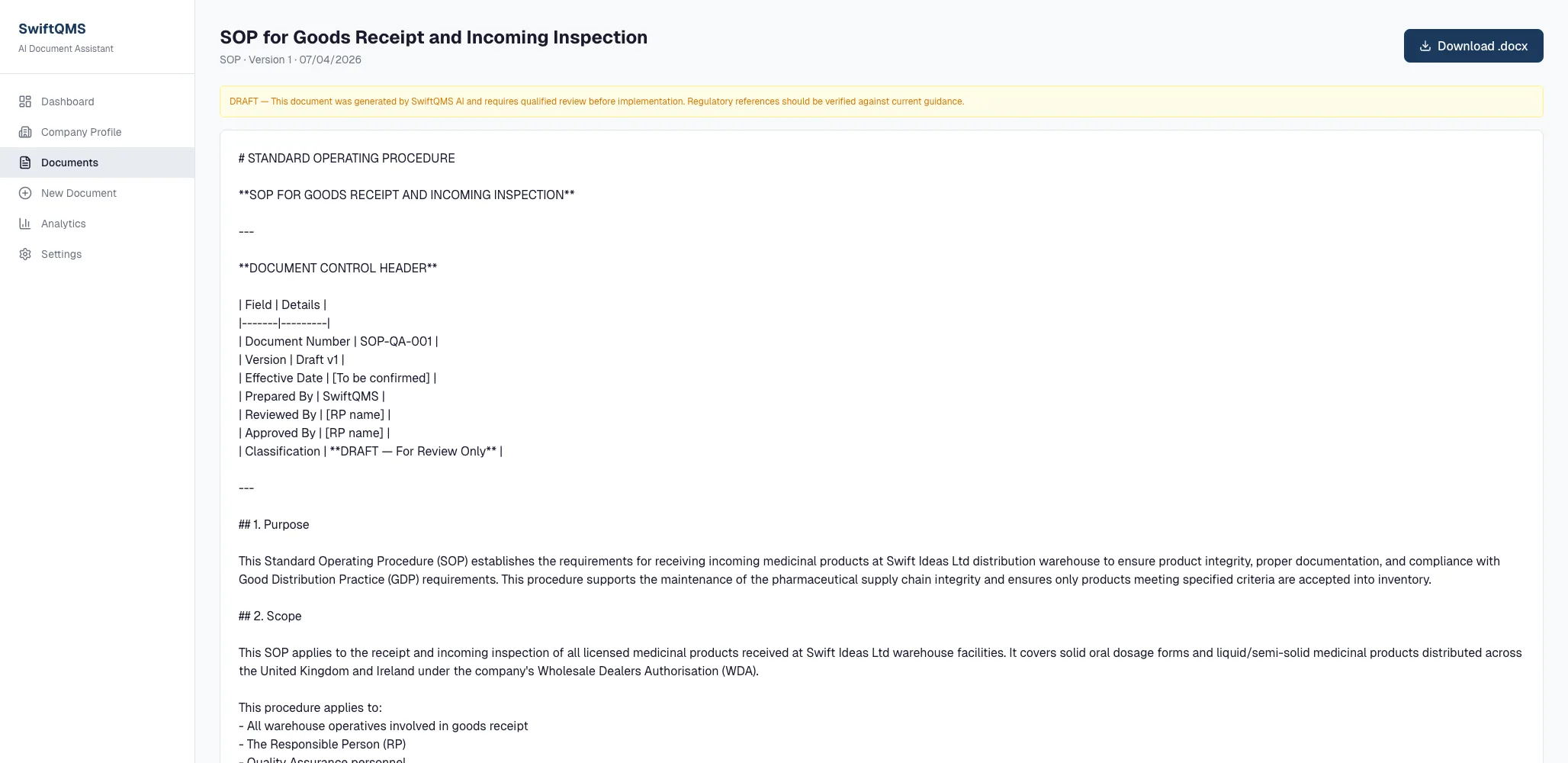 A completed SOP for goods receipt with a Download .docx button, a yellow DRAFT banner and a document control header whose reviewer and approver fields are left as placeholders.
