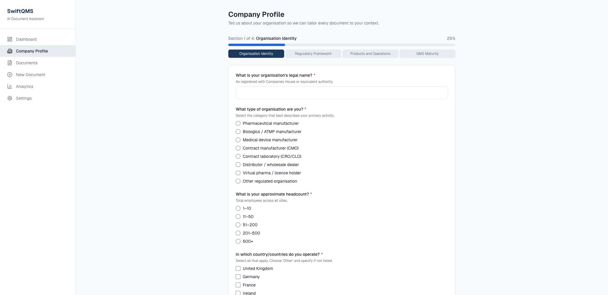 Company Profile screen, section 1 of 4 at 25%, asking for the legal name, organisation type and headcount.