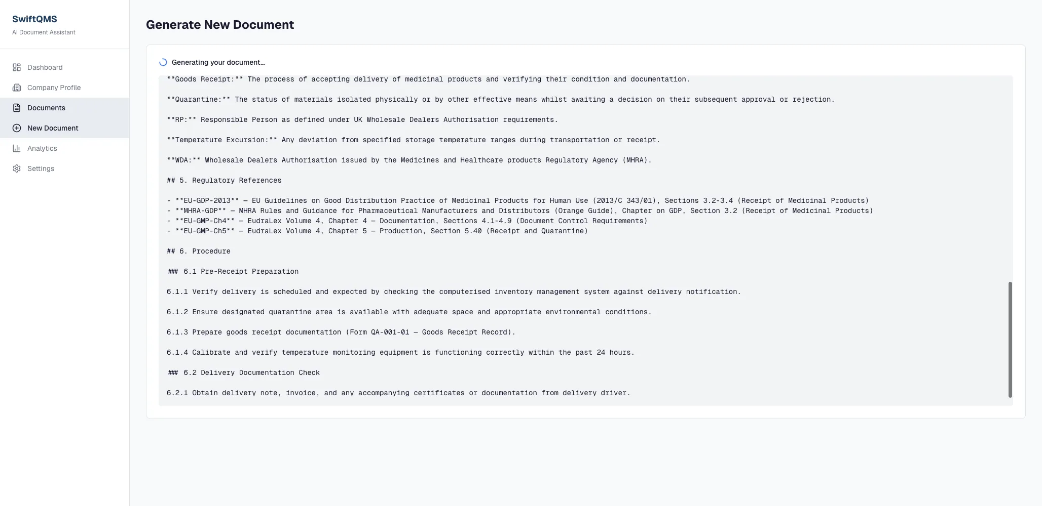 Generate New Document screen mid-stream: definitions, coded regulatory references such as EU-GDP-2013 and EU-GMP-Ch4, and numbered procedure steps arriving in real time.
