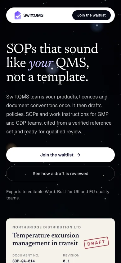 Mobile landing page at 390 px with the serif headline, two stacked buttons and the SOP specimen beginning below.